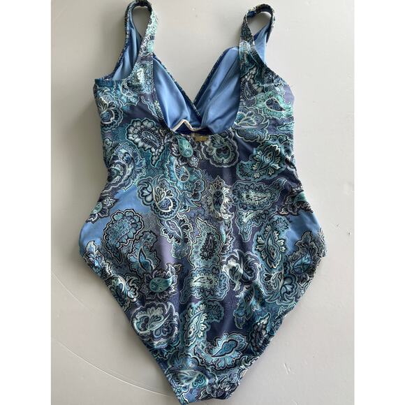 Lauren Ralph Lauren Blue Paisley Print Ruched One Piece Swimsuit Size 16 - Picture 8 of 9